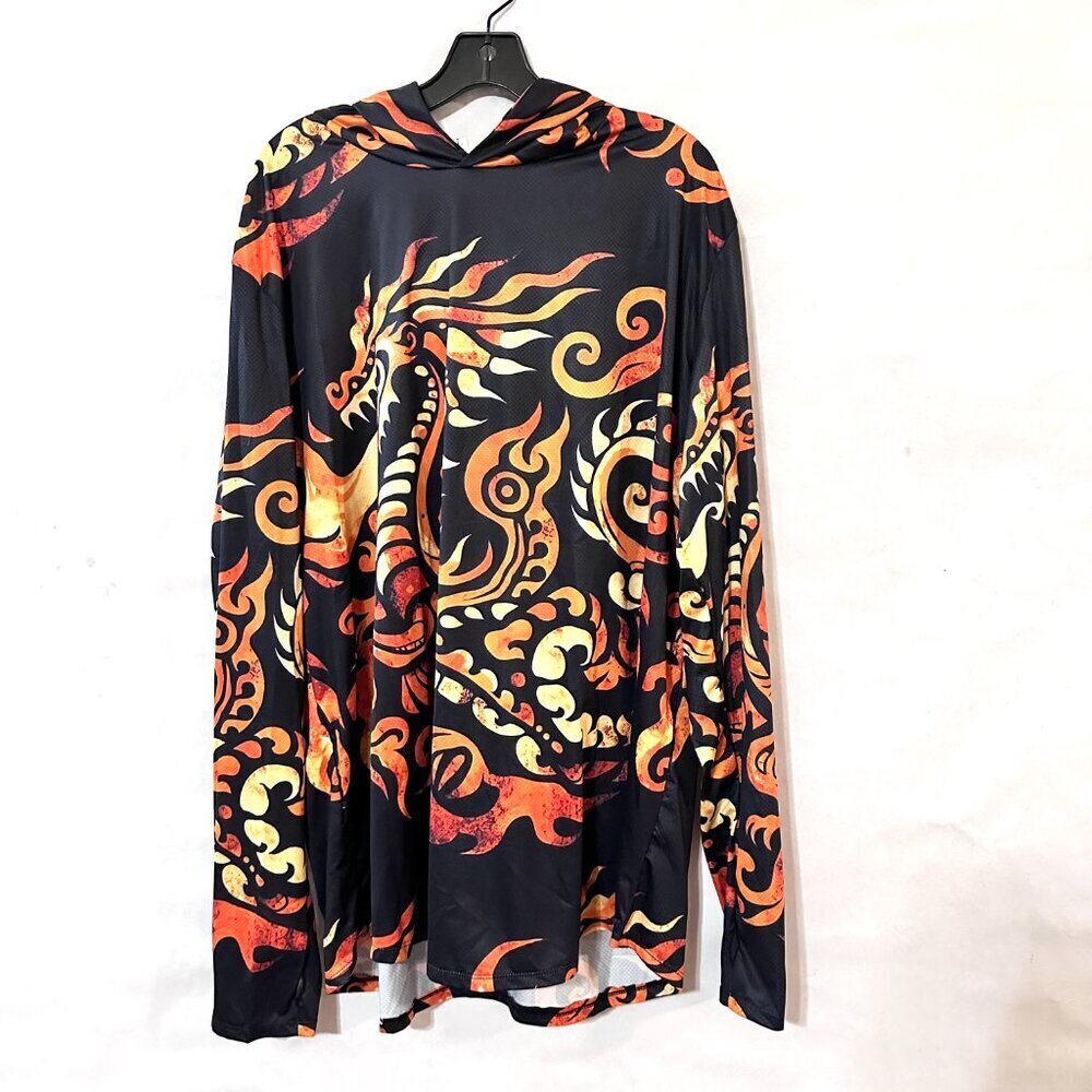 Dragon Batik Mens Long Sleeve Shirt Hooded Sports Size XL NWT UV 50+ Thumbhole - Picture 6 of 13